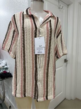 Pink, Brown & Cream Striped Knit Short-Sleeve Shirt